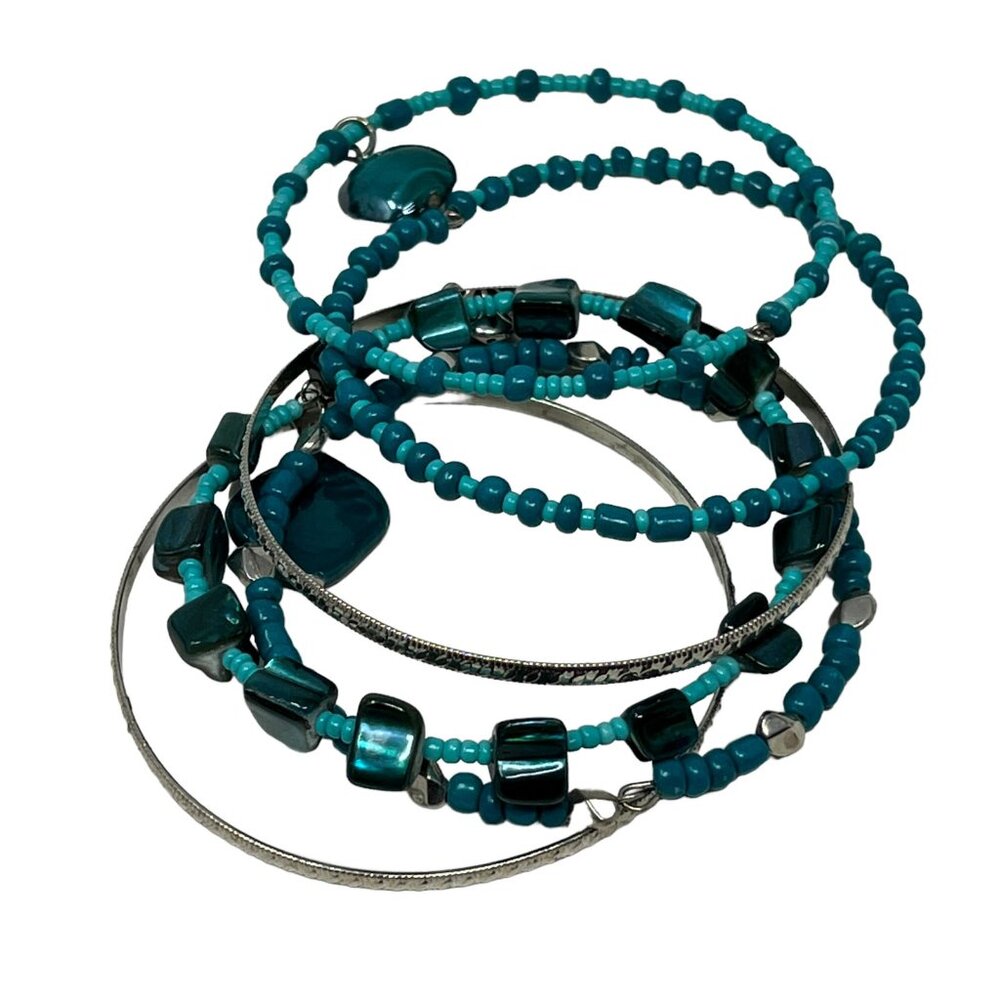 Bangle Bracelets Teal and Silver Tone Beads Lot of Six Bracelets